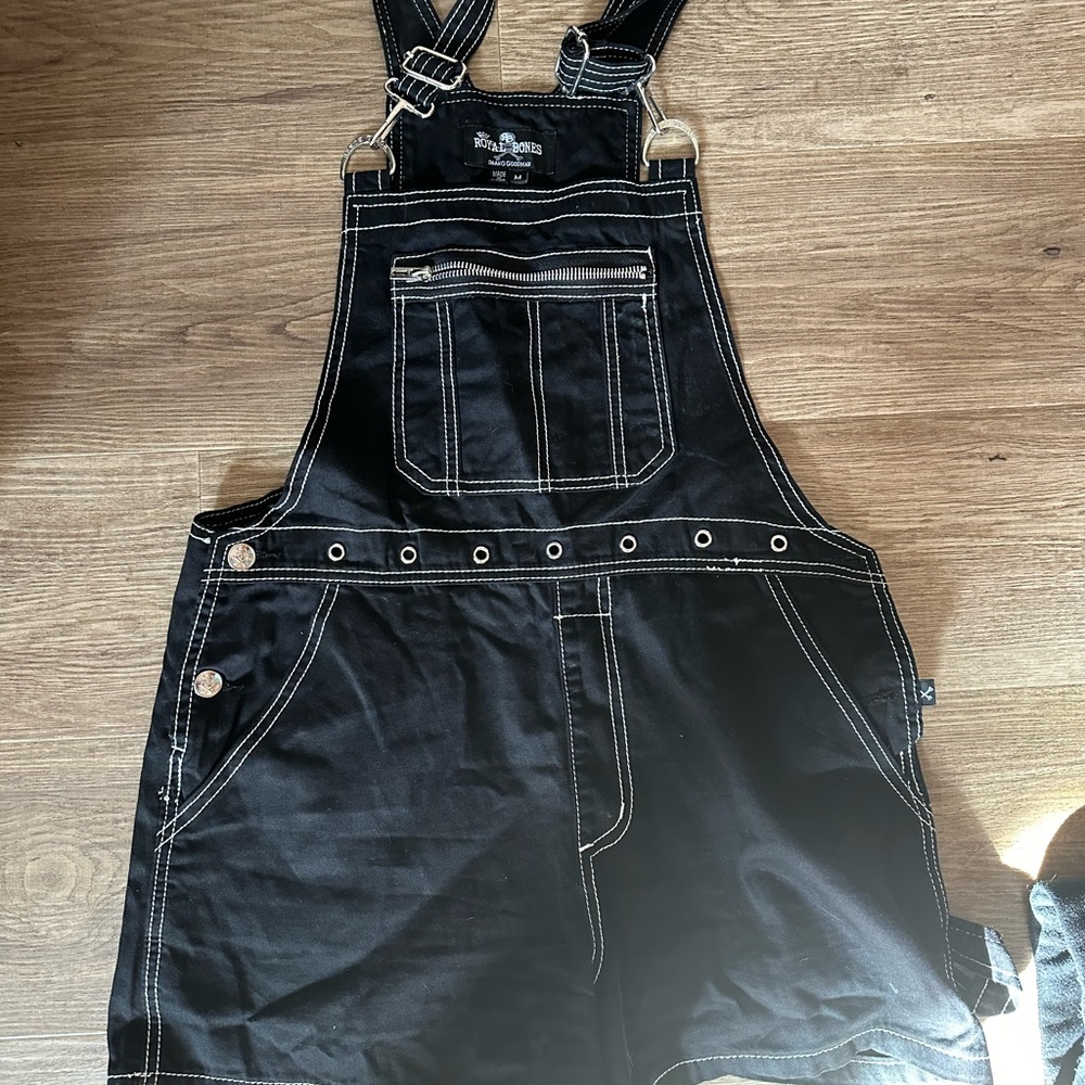 Black Denim Overalls with White Stitching